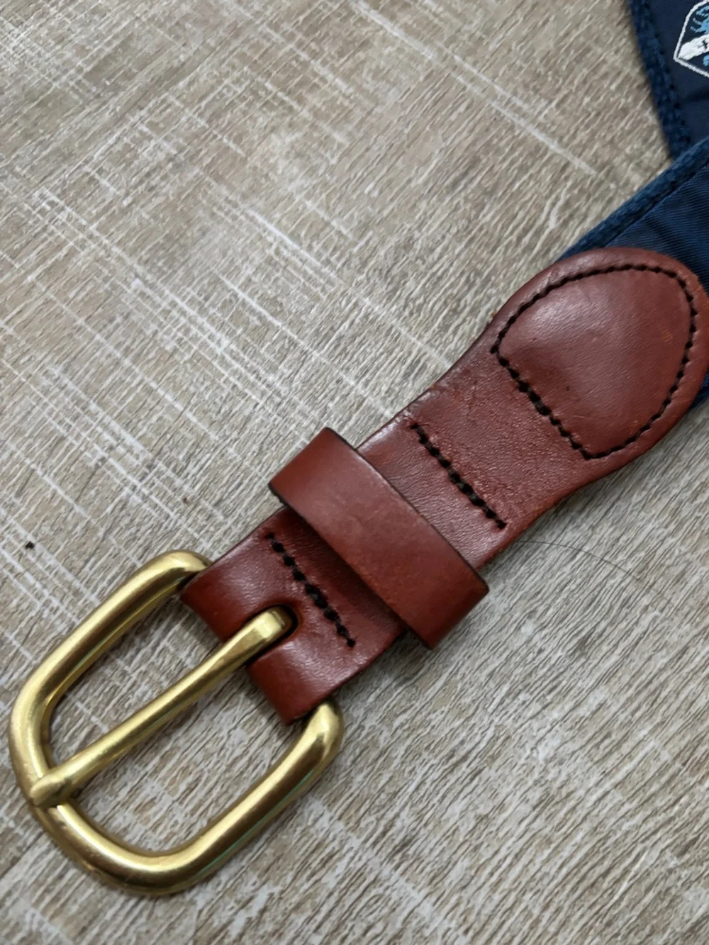 Leather Man Ltd Golf Country Club Belt Mens 32 Navy Blue Tan Leather Preppy